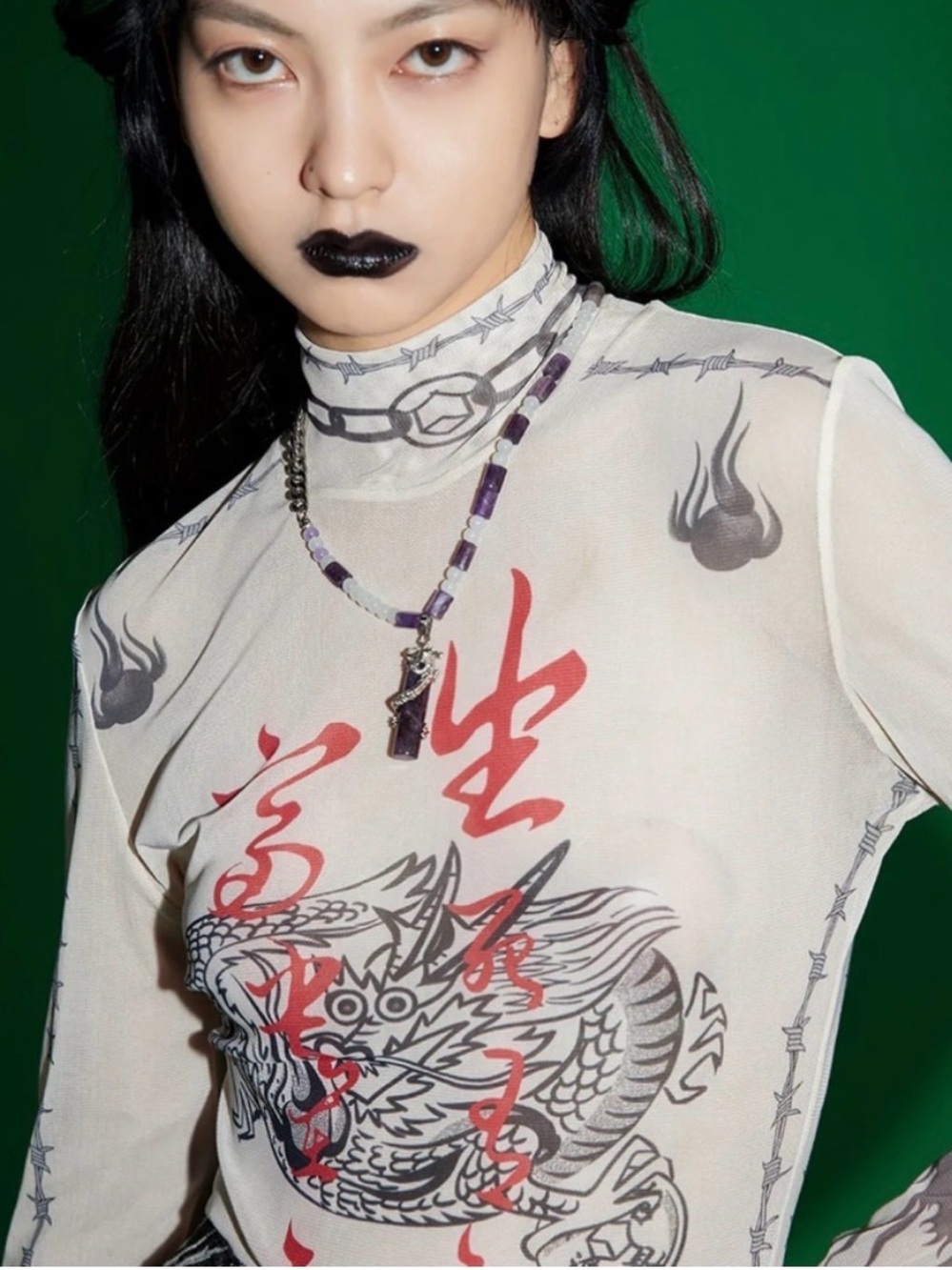Mukzin By Theater high-neck dragon graphic sheer mesh top